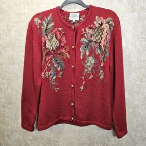 90's Susan Bristol Fall Beaded Embroidered Wool Cardigan Sweater